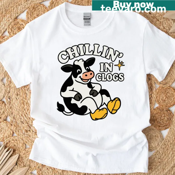 Funny T-shirt with a cartoon cow wearing Dutch clogs