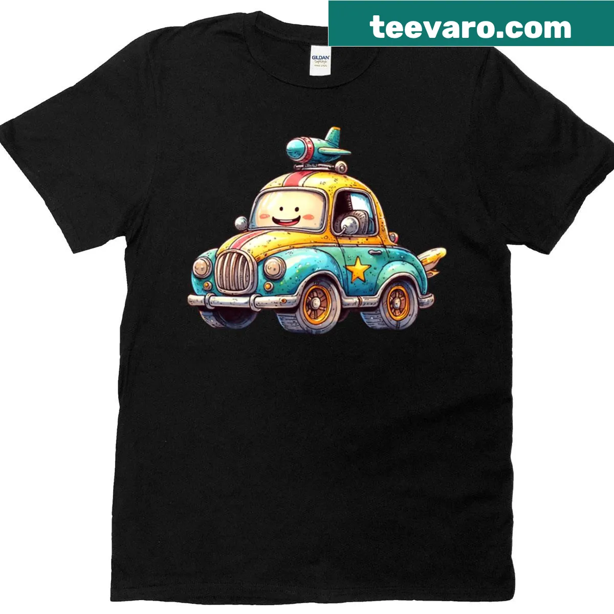 Cute car graphic T-shirt with a whimsical design for teens — on a men's t-shirt