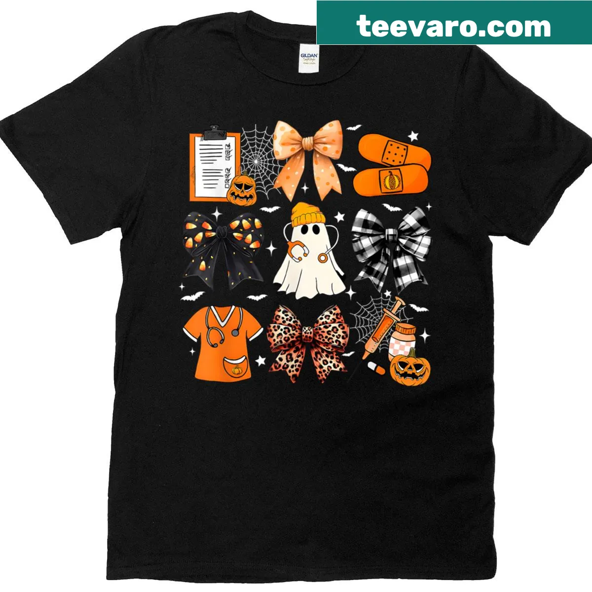 Illustration of a cheerful ghost with a bow for Halloween — on a men's t-shirt