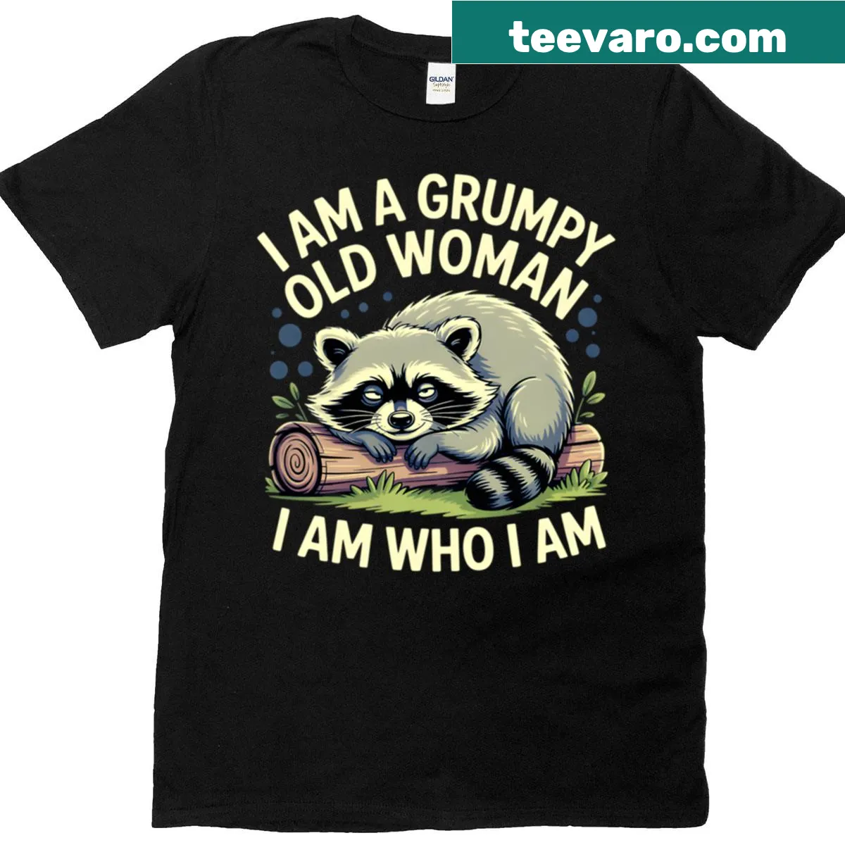 Funny graphic t-shirt featuring a grumpy raccoon and humorous text — on a men's t-shirt