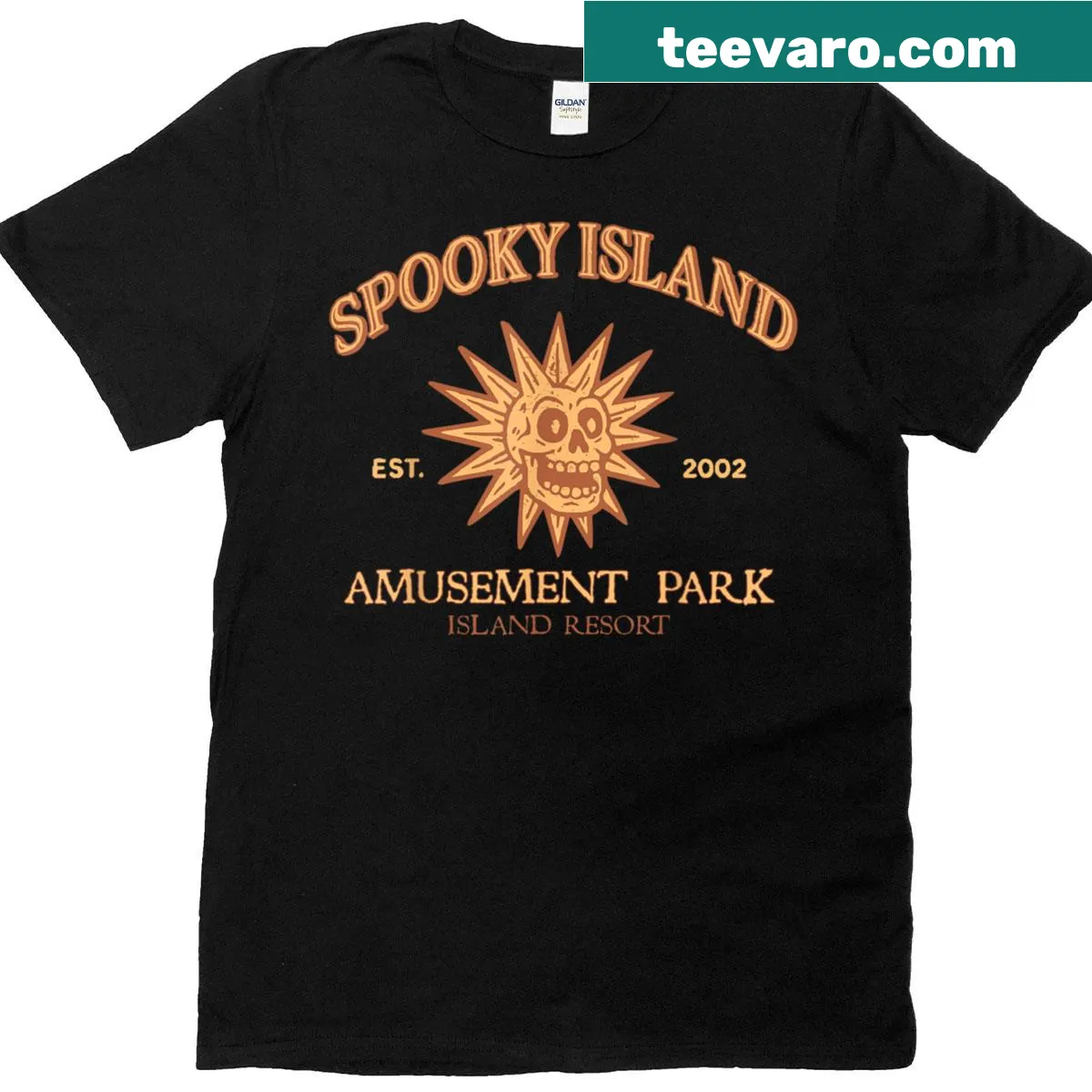 Amusement park-themed T-shirt featuring a skull and spooky island design. — on a men's t-shirt