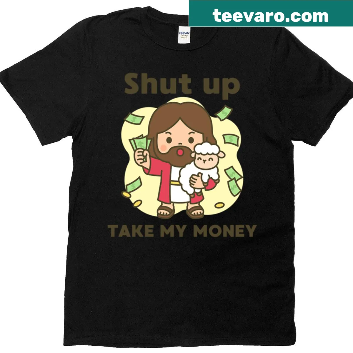 Humorous T-shirt featuring Jesus holding a lamb with a cash theme. — on a men's t-shirt