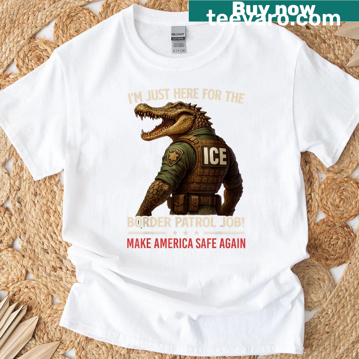 Funny t-shirt featuring a cartoon alligator as nature's own border patrol — on a men's t-shirt