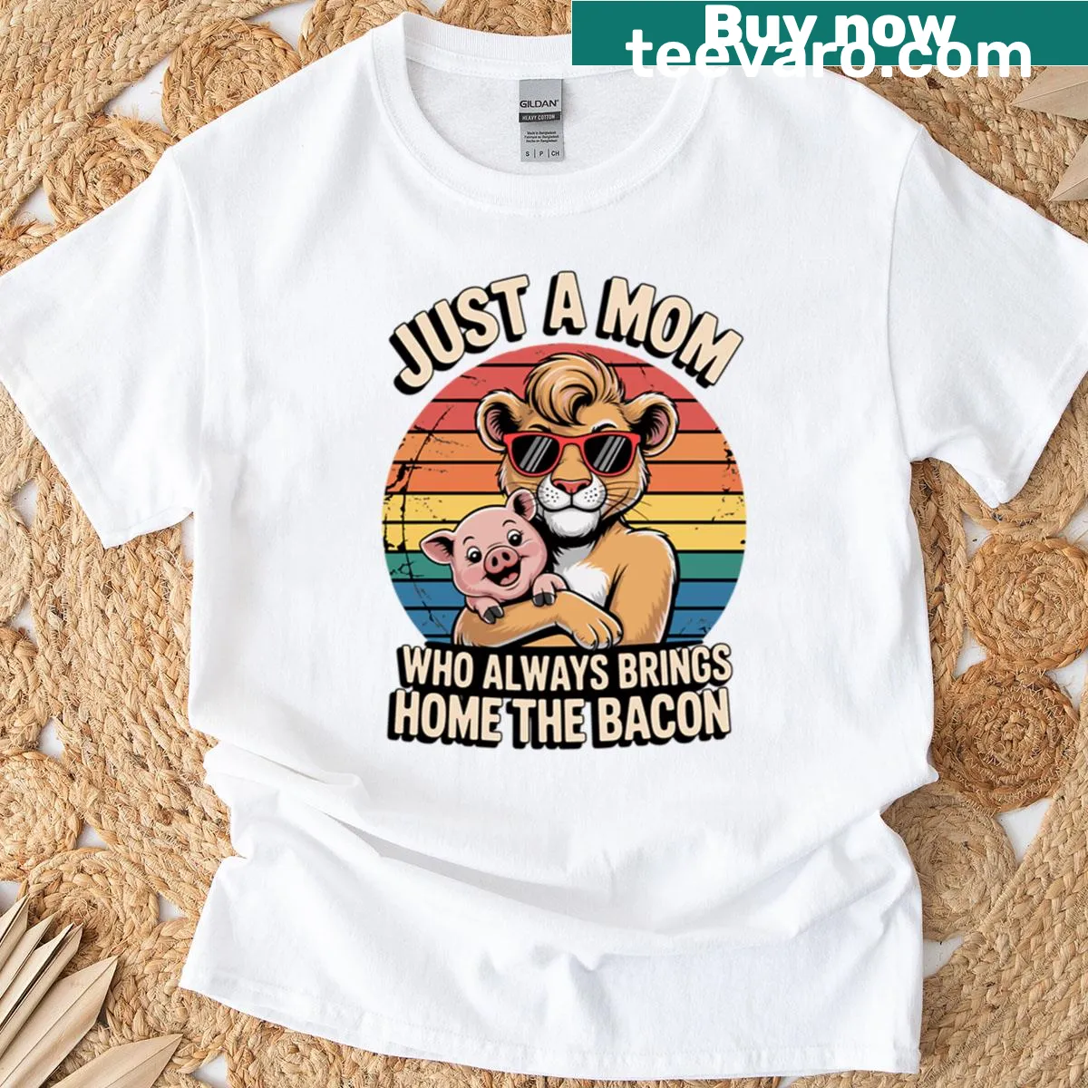 Cute illustration of a lion and piglet with a fun mom quote — on a men's t-shirt