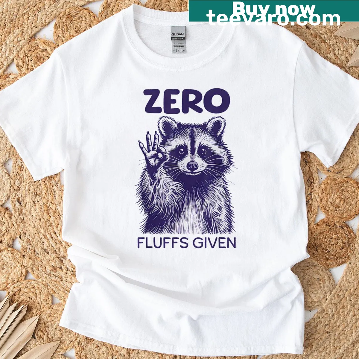 Sarcastic raccoon t-shirt featuring the phrase 'Zero Fluffs Given' — on a men's t-shirt