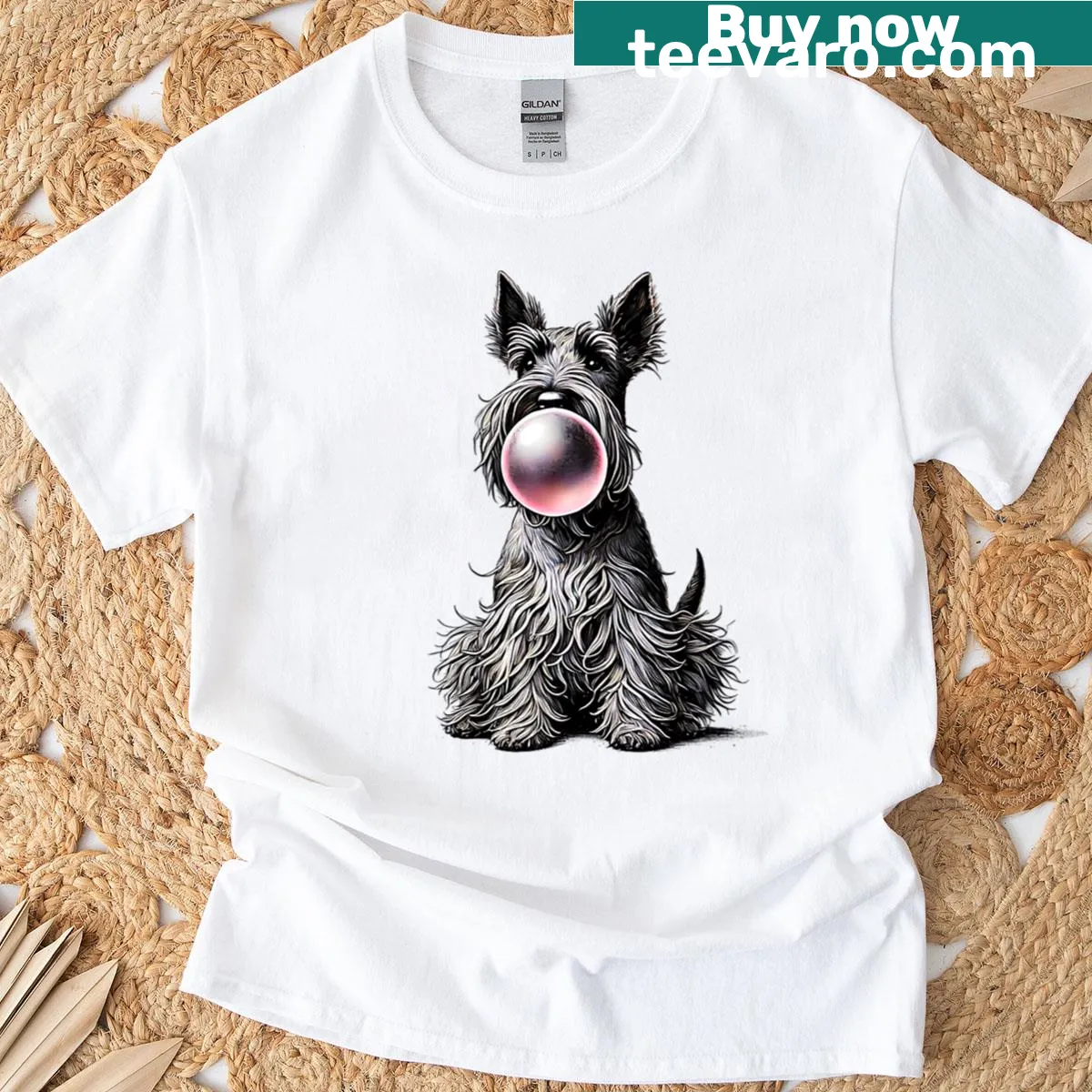 Vintage t-shirt with a funny Scottish Terrier graphic and bubble gum design. — on a men's t-shirt