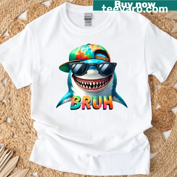 Funny shark meme graphic with 'Bruh' T-shirt