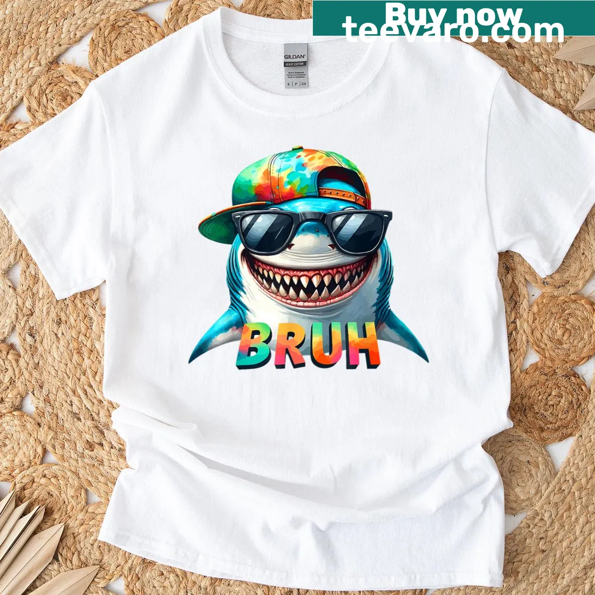 Funny shark meme graphic with 'Bruh' T-shirt — on a men's t-shirt