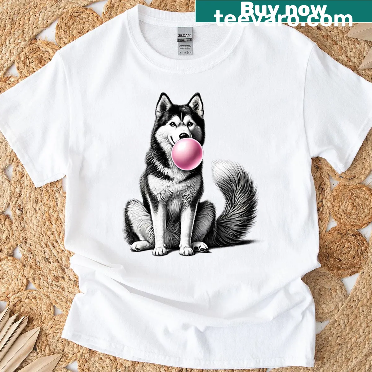 Vintage illustration of a Siberian Husky blowing bubble gum — on a men's t-shirt