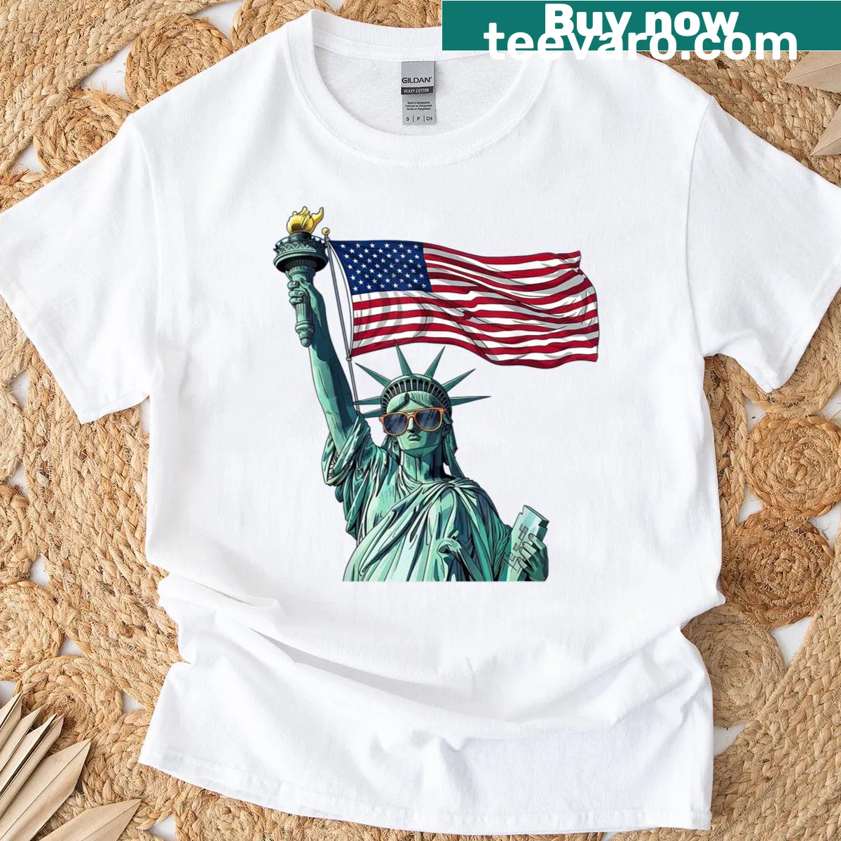 Statue of Liberty with sunglasses and USA flag design — on a men's t-shirt