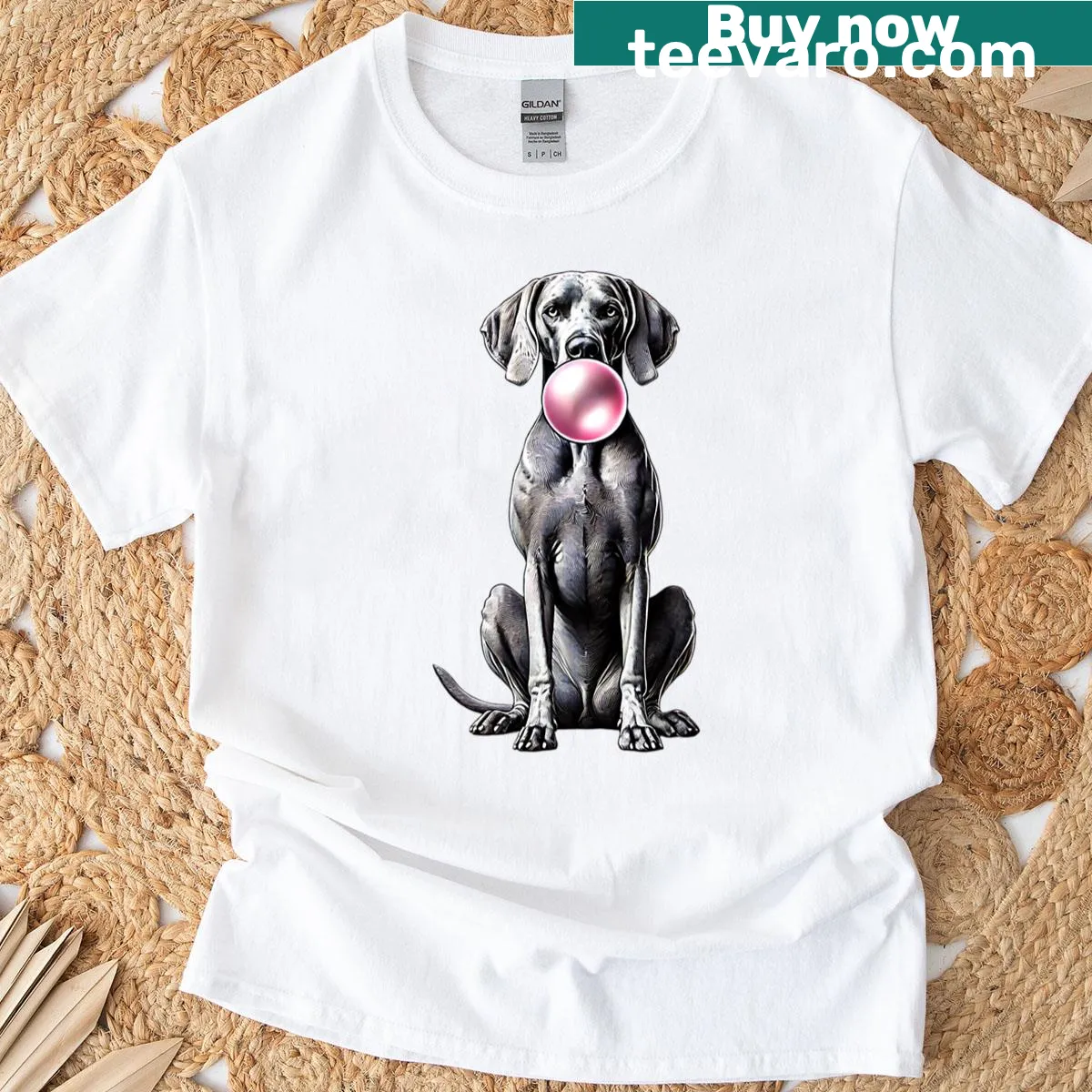 Vintage dog mom dad t-shirt featuring a Weimaraner chewing bubble gum — on a men's t-shirt