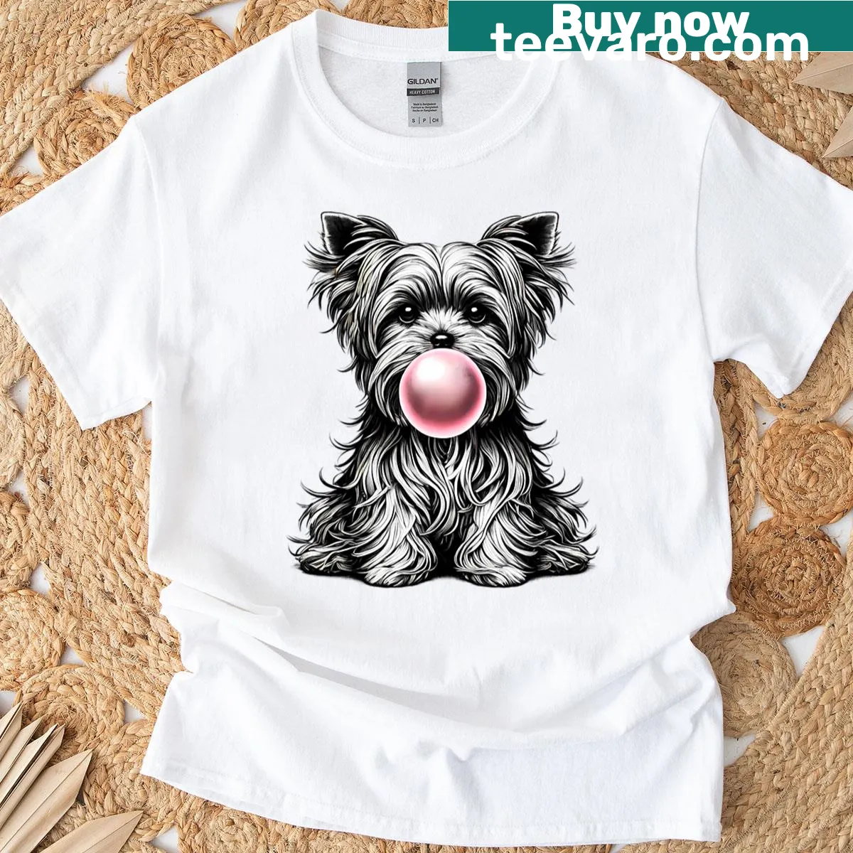 Vintage dog mom dad t-shirt showcasing a Yorkshire Terrier chewing bubble gum — on a men's t-shirt