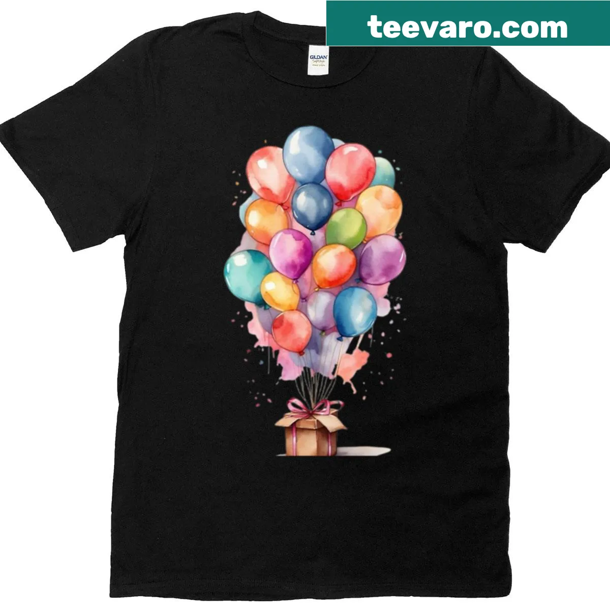 Birthday-themed T-shirt with gifts, balloons, and confetti illustration — on a men's t-shirt