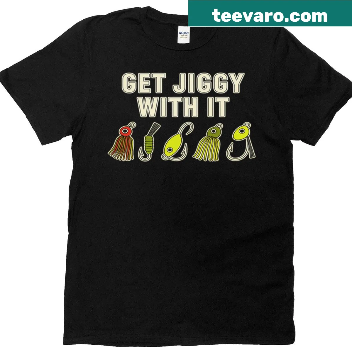 Funny fishing t-shirt featuring the phrase Get Jiggy With It — on a men's t-shirt