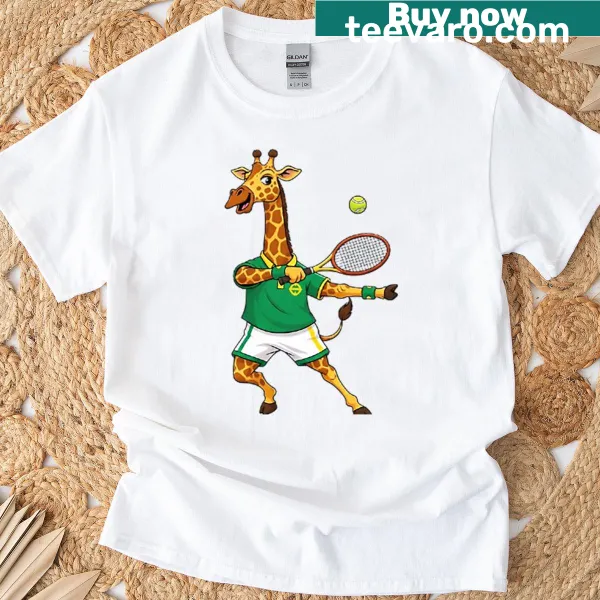 Cartoon giraffe playing tennis with a racket and ball
