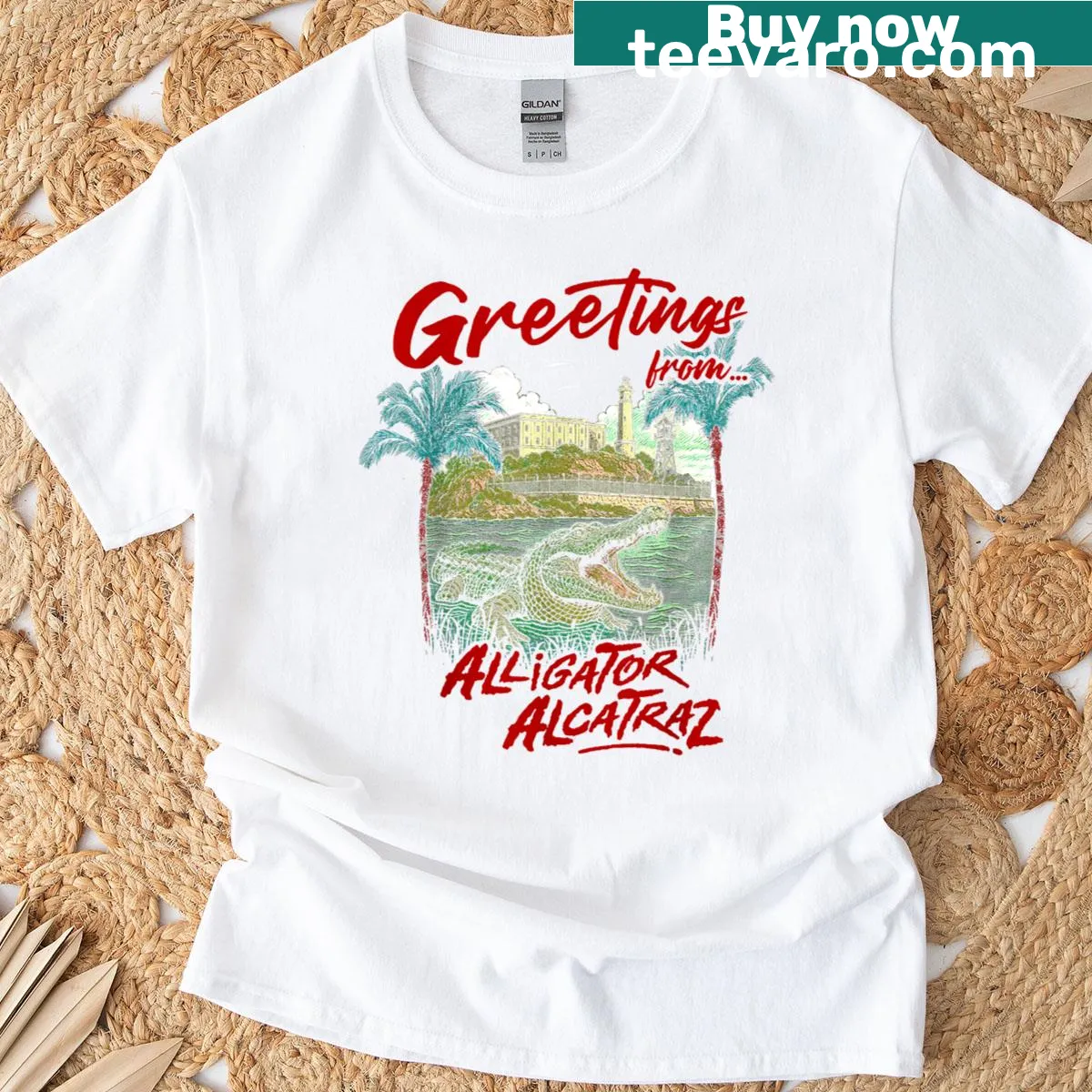 Quirky design combining alligators and Alcatraz on a t-shirt — on a men's t-shirt