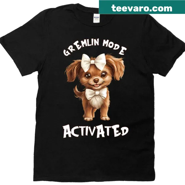 T-shirt featuring a cartoon design of a playful puppy in gremlin mode.