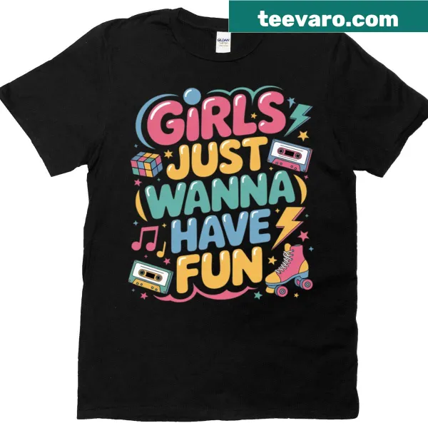 Retro-style T-shirt with 'Groovy Girls Just Wanna Have Fun' text
