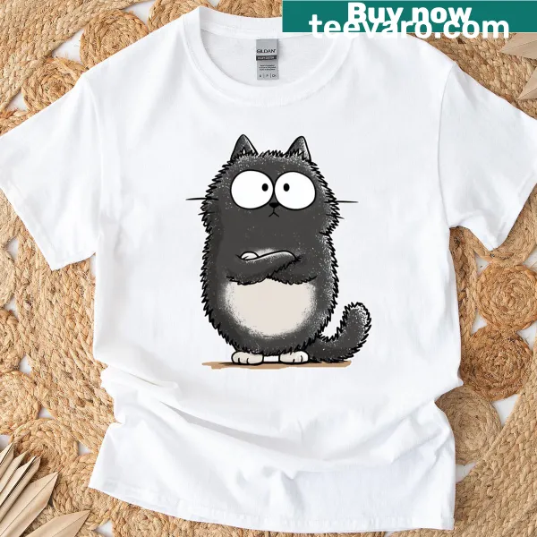 Cartoon drawing of a grumpy black cat on a t-shirt