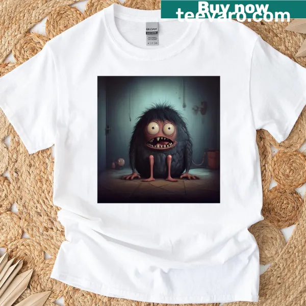 Cartoon grumpy hairy monster design on oversized t-shirt