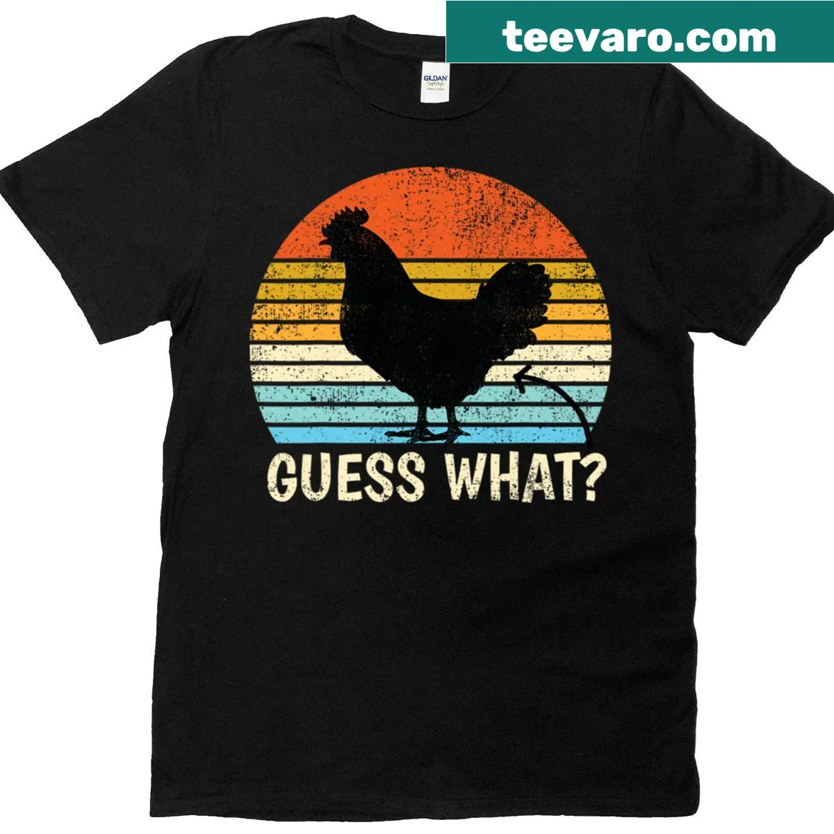 Funny t-shirt with the phrase 'Guess What Chicken Butt' for chicken lovers. — on a men's t-shirt