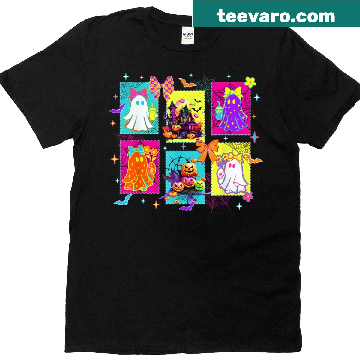 Cartoon ghost T-shirt with a coquette bow and pumpkins for Halloween — on a men's t-shirt