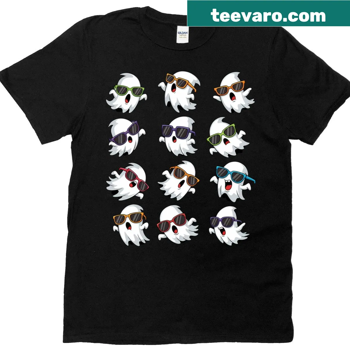 Cheerful cartoon ghosts on a T-shirt for Halloween fun — on a men's t-shirt
