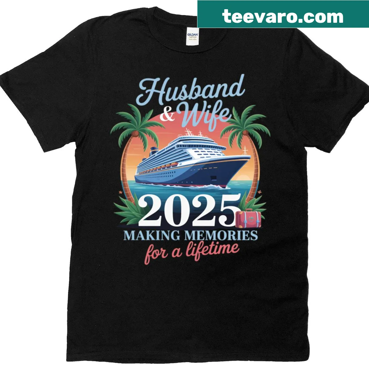 Happy New Trip T-shirt with cruise design for couples — on a men's t-shirt