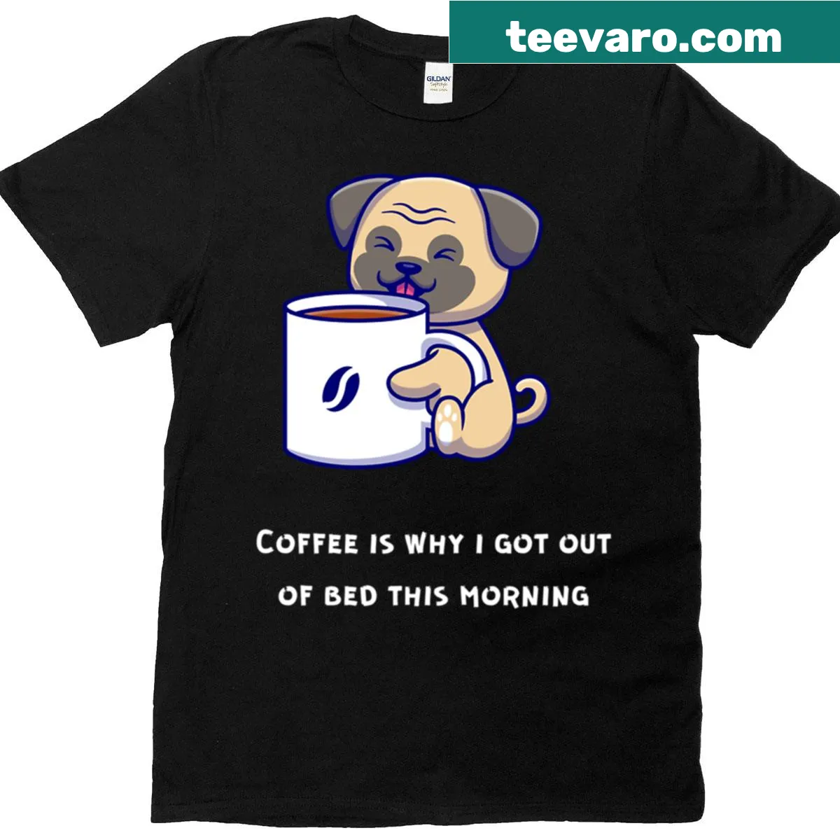 Adorable T-shirt with a happy pug enjoying coffee — on a men's t-shirt