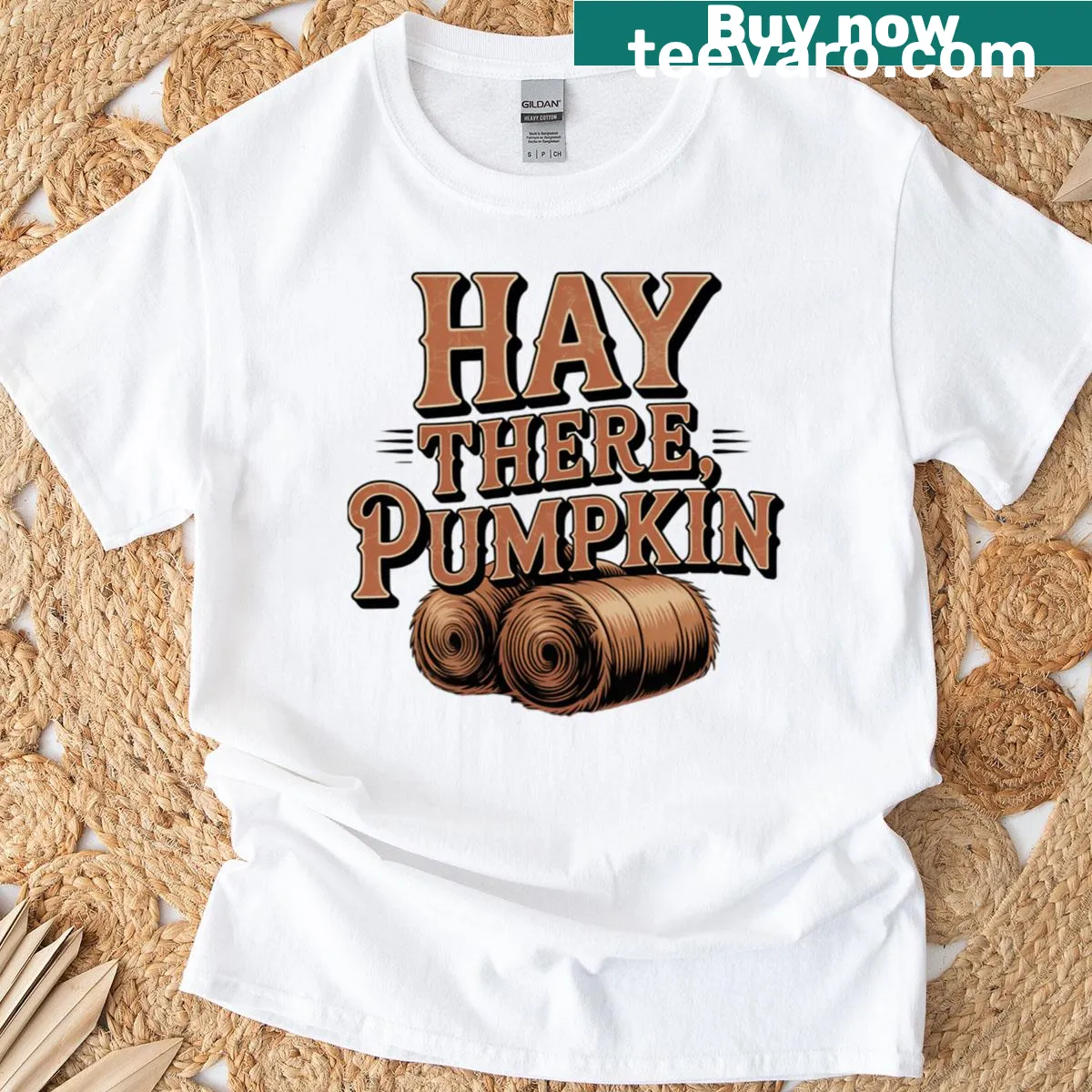 Playful 'Hay There Pumpkin' text design on a t-shirt — on a men's t-shirt