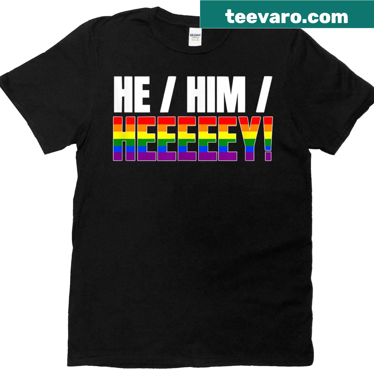 Rainbow pronoun pride t-shirt with fun text — on a men's t-shirt