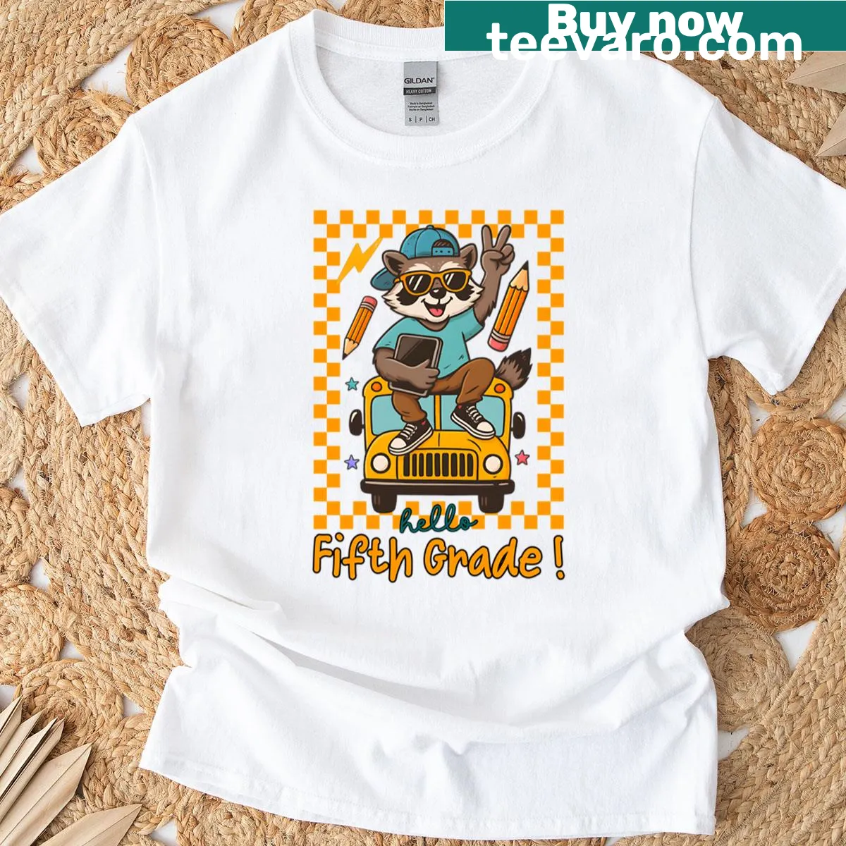 Cute raccoon on a school bus with 'Hello Fifth Grade' text on a t-shirt — on a men's t-shirt