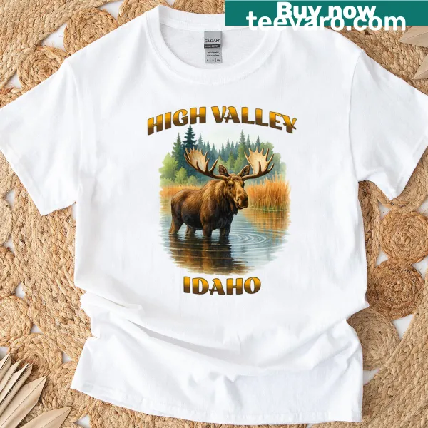 Illustrated moose design on High Valley Idaho t-shirt