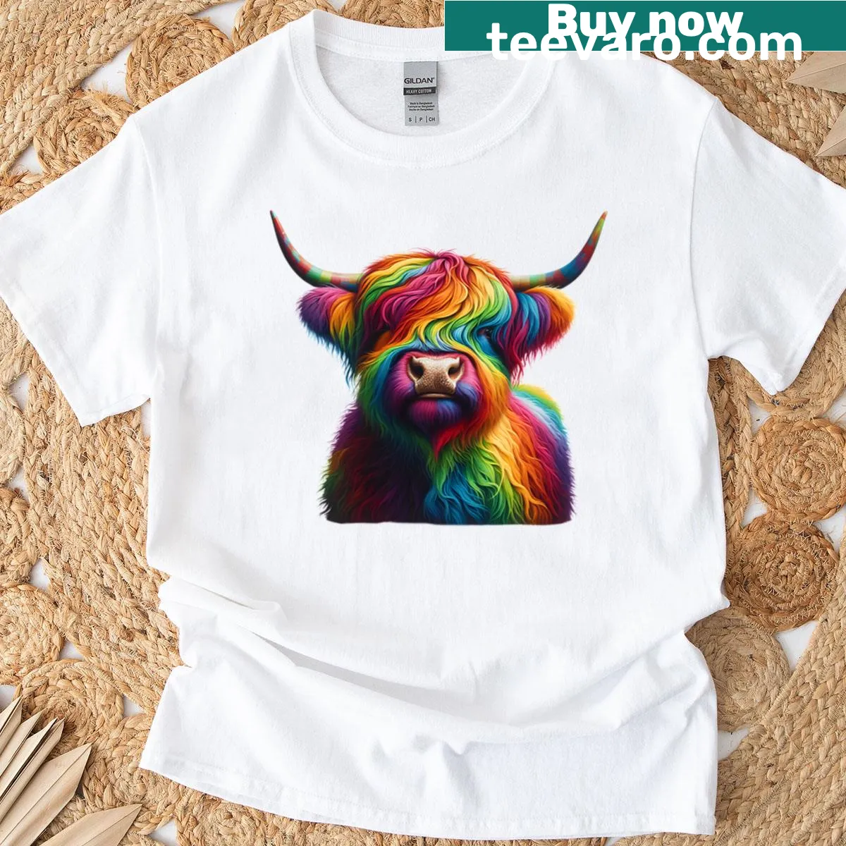 Illustrated Highland cow t-shirt celebrating Scottish farming — on a men's t-shirt