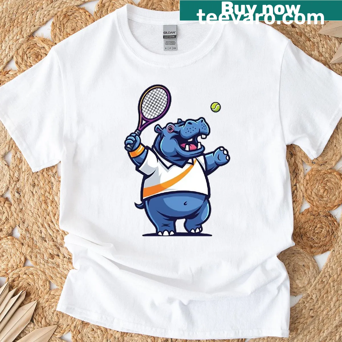 Adorable hippo playing tennis design — on a men's t-shirt