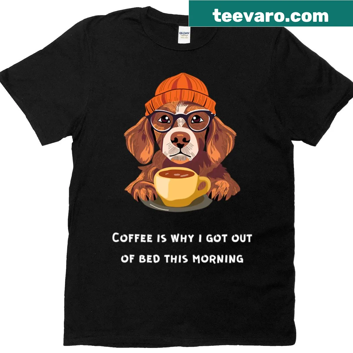 Hipster Dog T-shirt with coffee-themed text — on a men's t-shirt