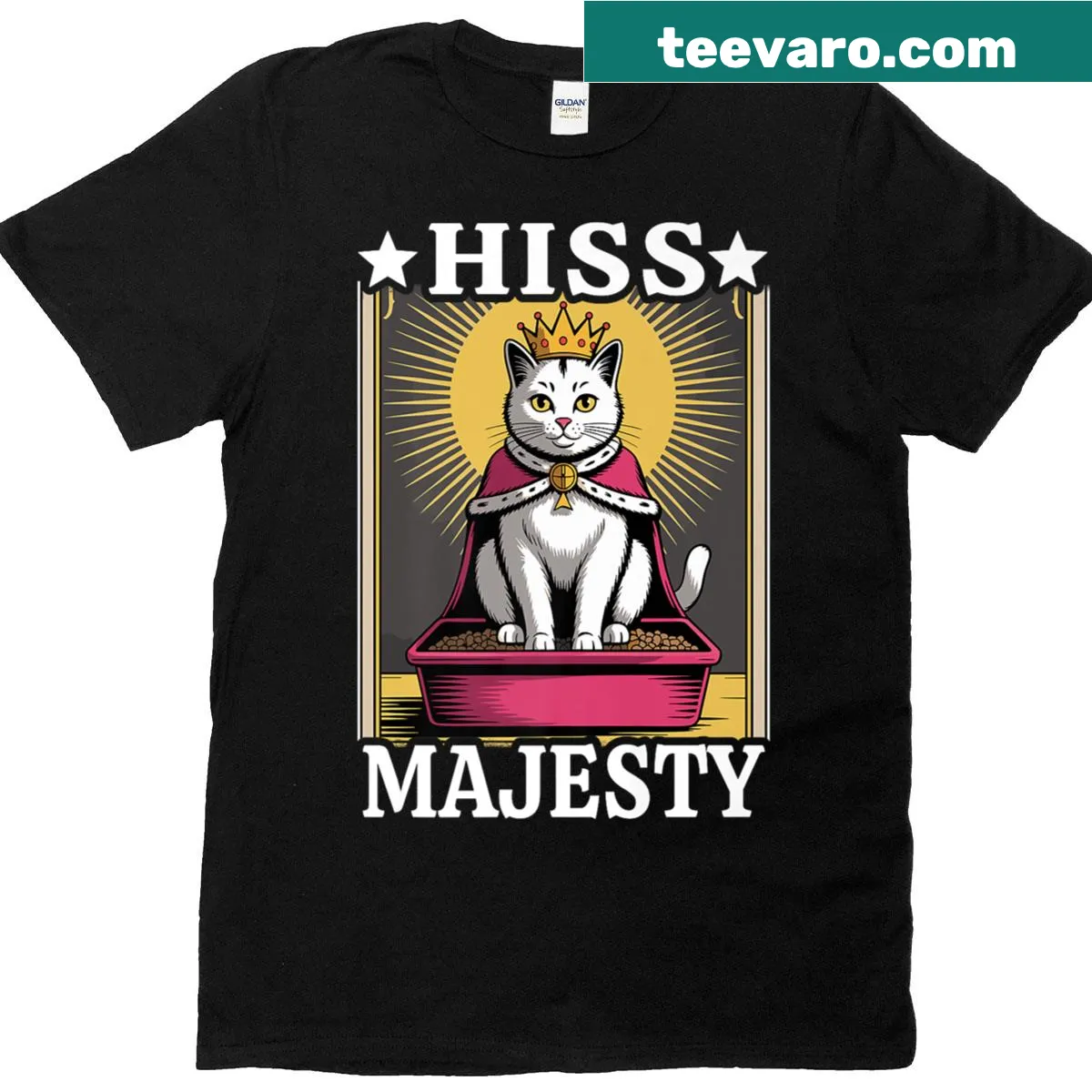 Funny cat t-shirt with Hiss Majesty design — on a men's t-shirt