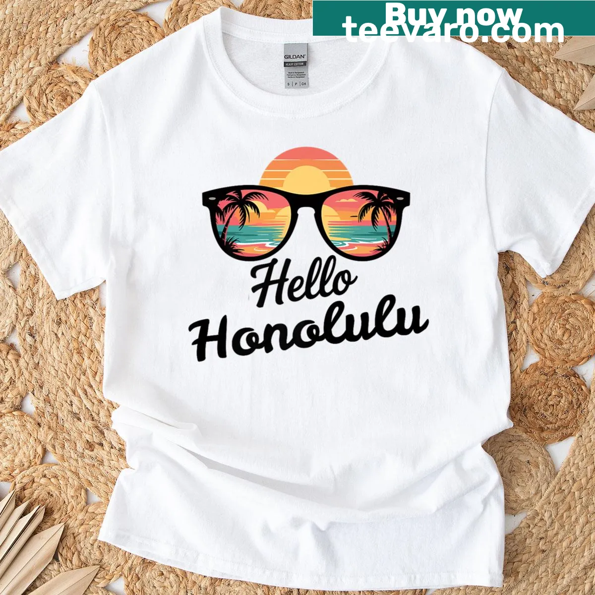 Travel-themed t-shirt featuring 'Hello' and Hawaiian scenery — on a men's t-shirt