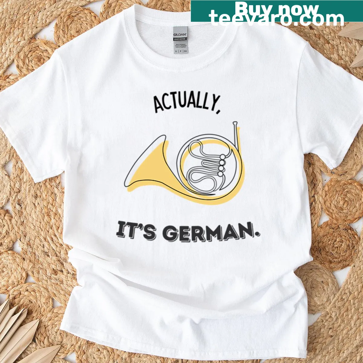 Band-themed shirt with the phrase 'Actually It's German' in bold text — on a men's t-shirt