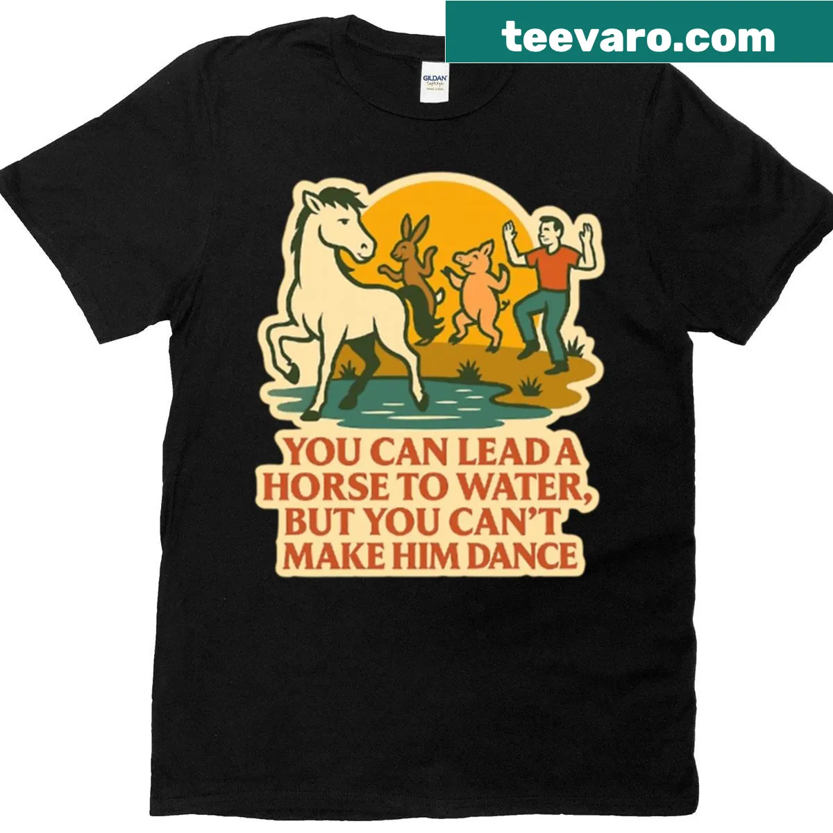 Playful illustration of dancing horses on a t-shirt — on a men's t-shirt