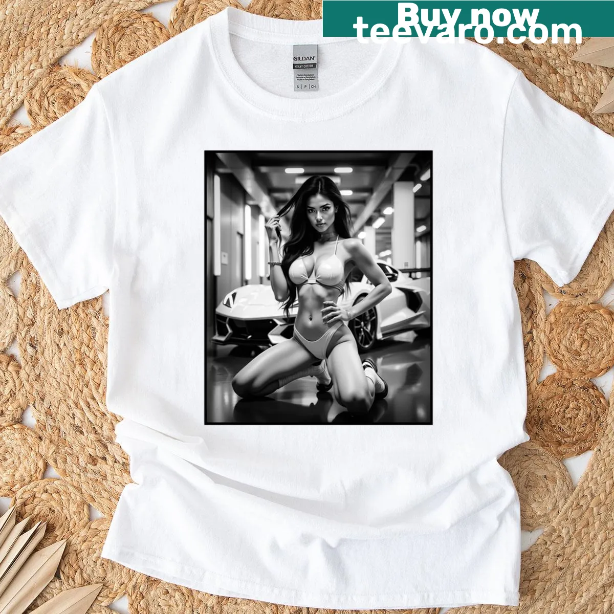 T-shirt featuring a Latina in a bikini next to a car graphic — on a men's t-shirt