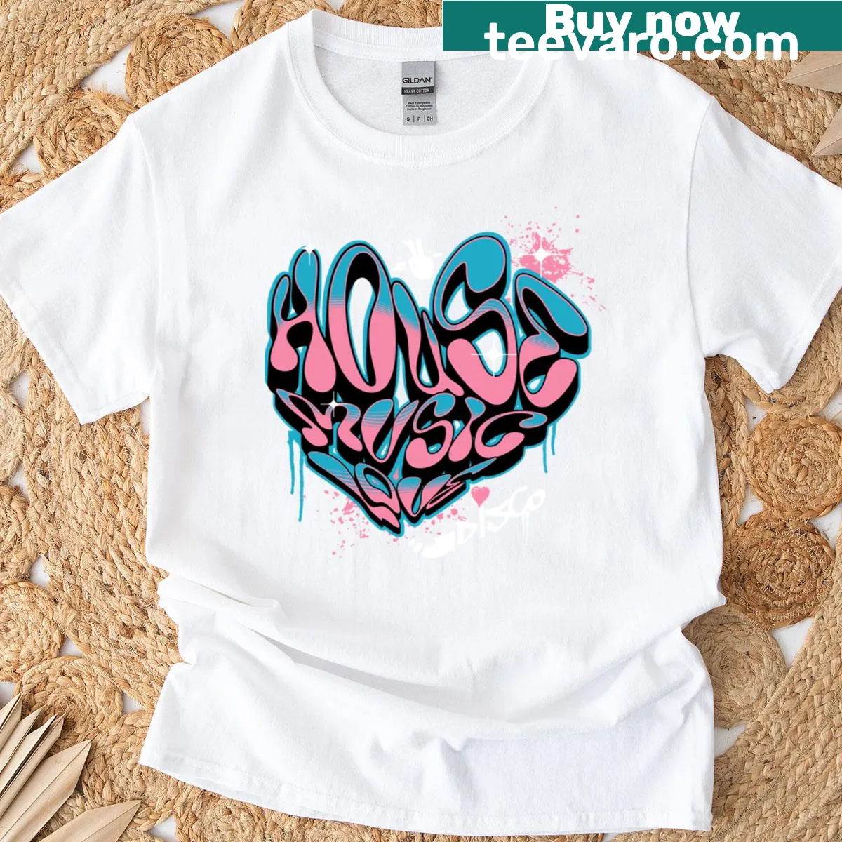 House music t-shirt featuring a graffiti love heart design — on a men's t-shirt