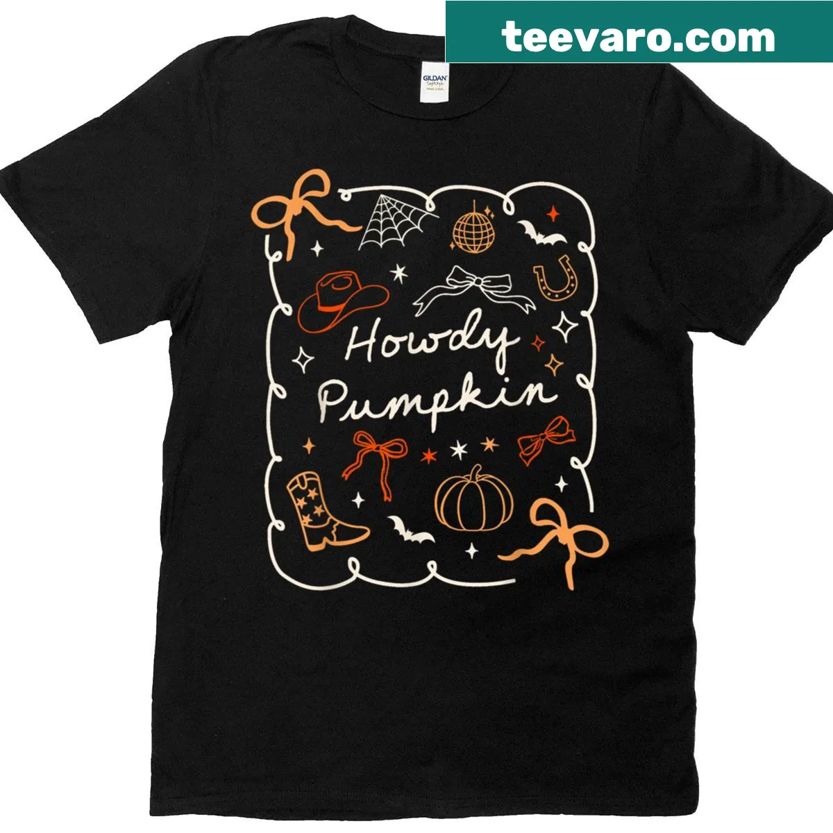 Playful fall-themed T-shirt with a cowgirl and pumpkin design. — on a men's t-shirt