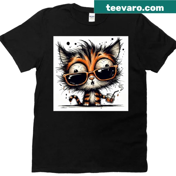 Funny cartoon of a hungover cat with sunglasses on a T-shirt.