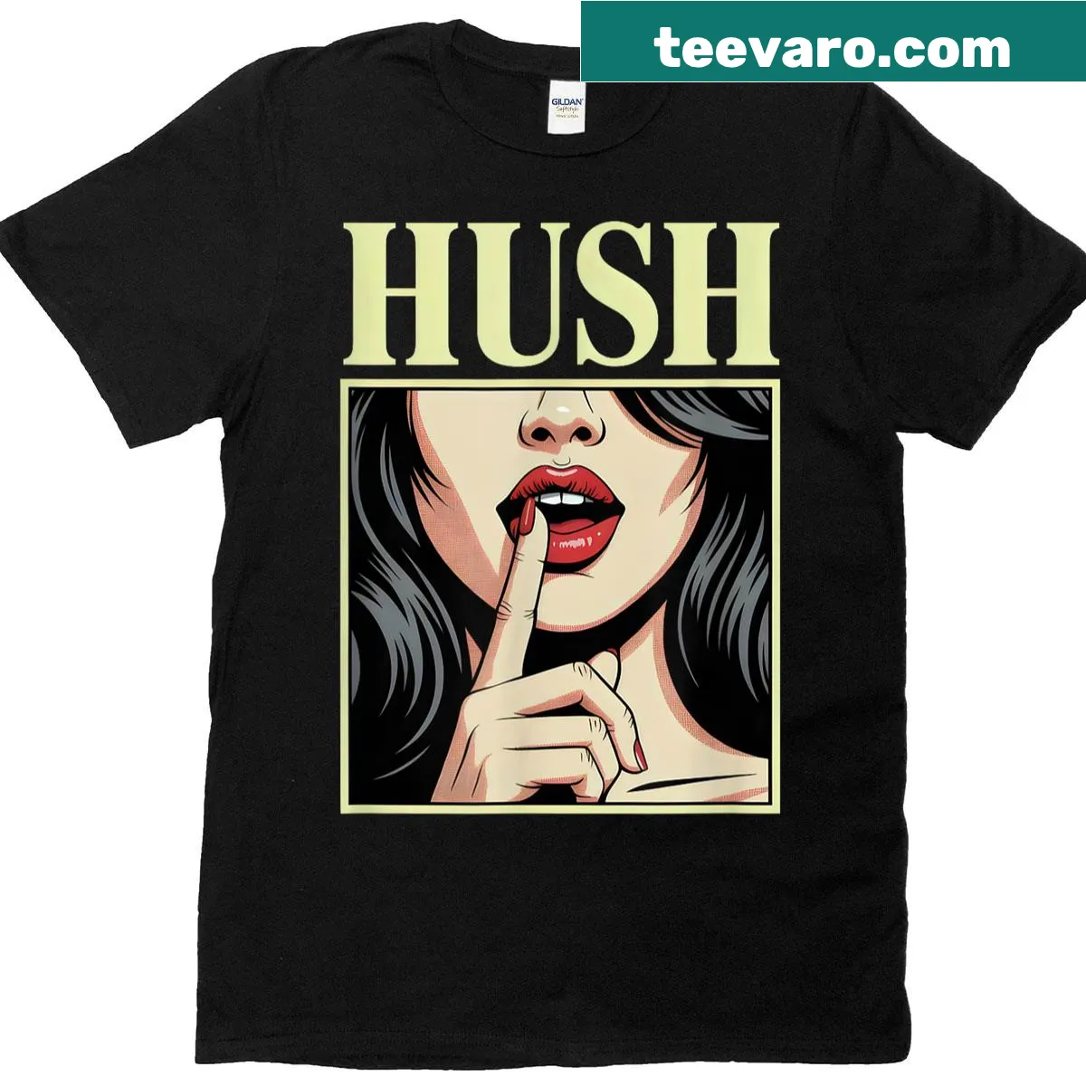 Pop art t-shirt with a graphic of lips and the word 'Hush' in comic style — on a men's t-shirt
