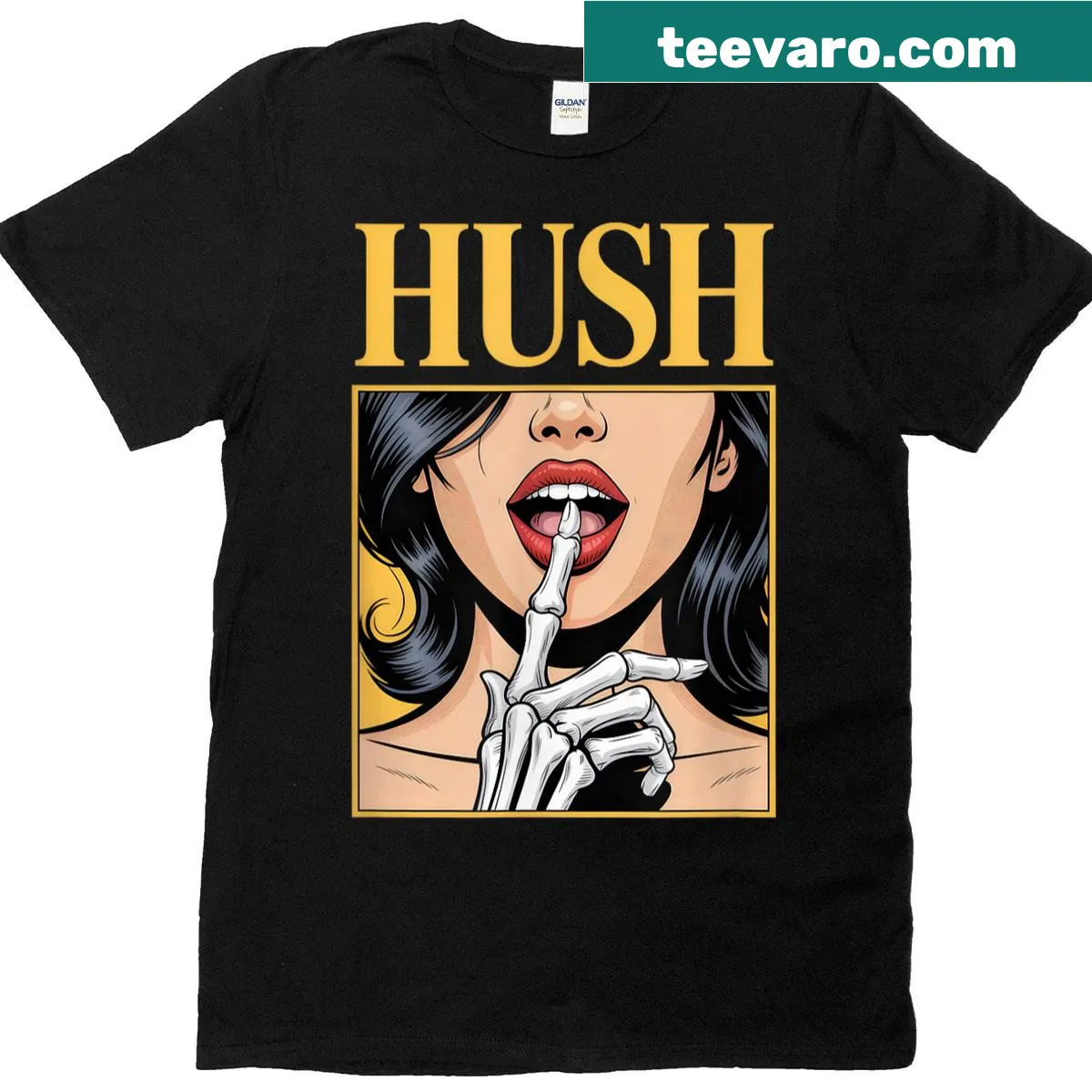 Retro pop art t-shirt with lips and 'Hush' text for an edgy vibe — on a men's t-shirt