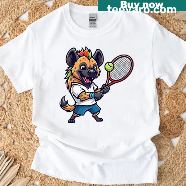 Cartoon hyena playing tennis on an oversized T-shirt