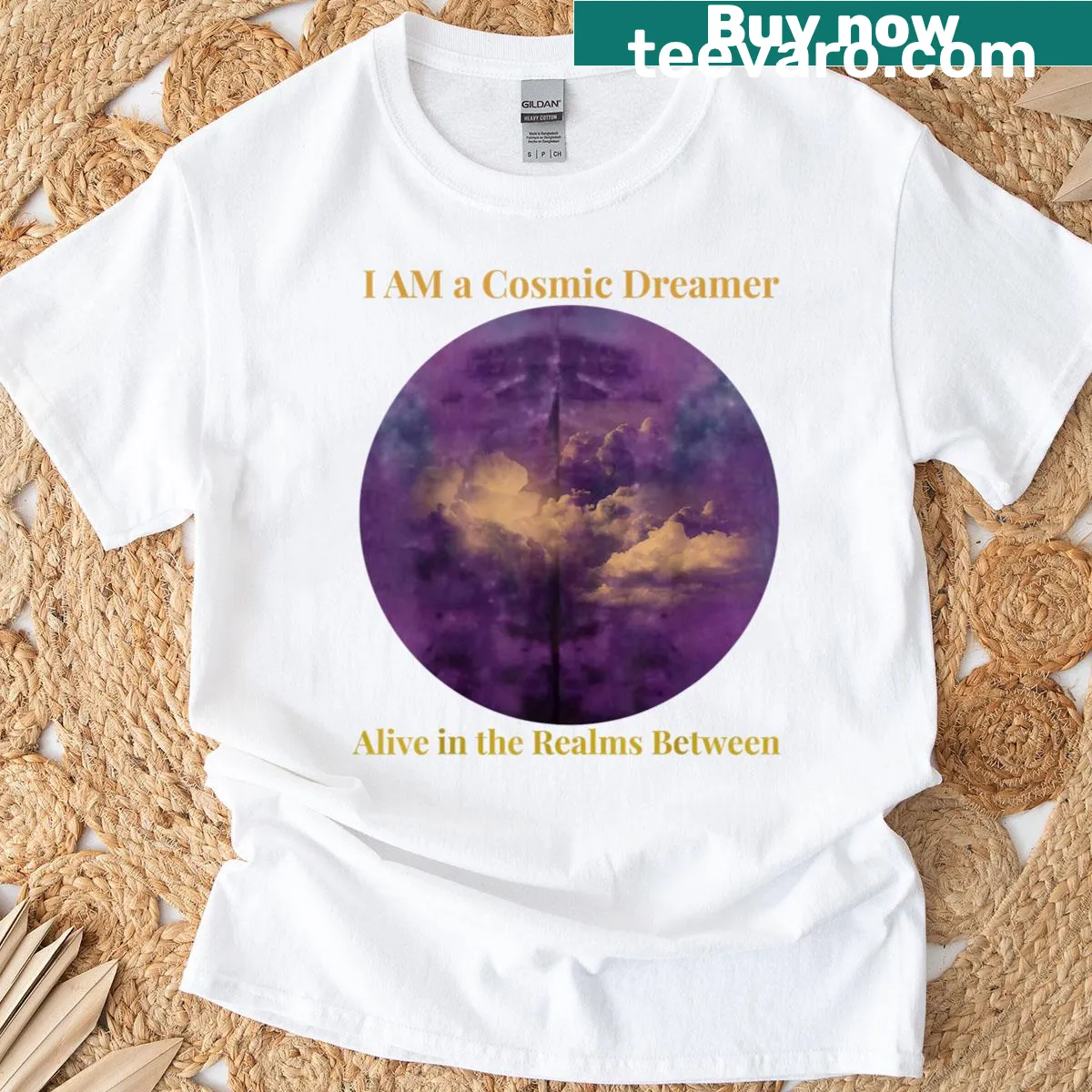Inspirational T-shirt featuring cosmic dreamer text and illustration — on a men's t-shirt