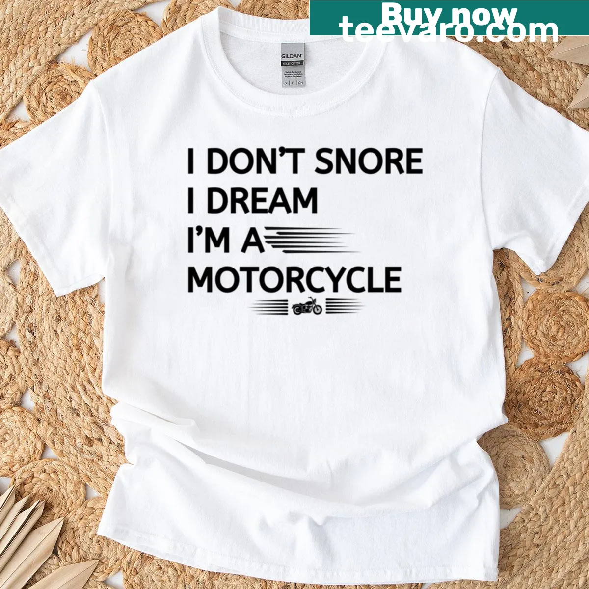 Humorous motorcycle-themed t-shirt featuring a funny snoring quote — on a men's t-shirt