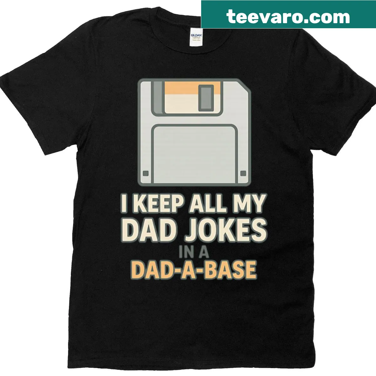 Funny dad t-shirt stating I Keep All My Dad Jokes In A Dad-a-base — on a men's t-shirt